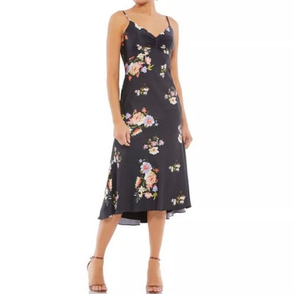 Ieena Mac Duggal Black Multi Floral Sleeveless Midi Dress